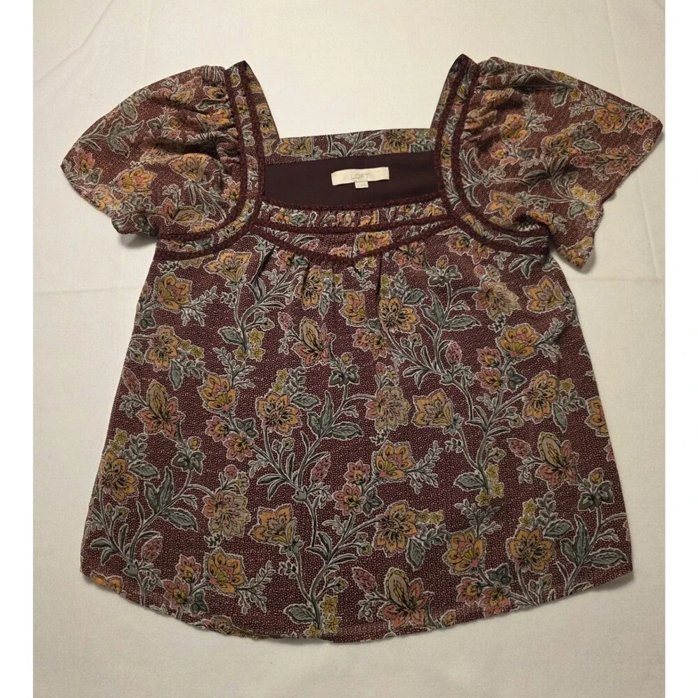 LOFT Women's M Burgundy Multicolor Floral Square Neck Smocked Puff Sleeve Blouse